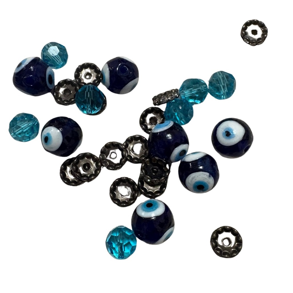 Mixed Glass Evil Eye Bead Lot Aqua Faceted & Rhinestone Spacer Beads